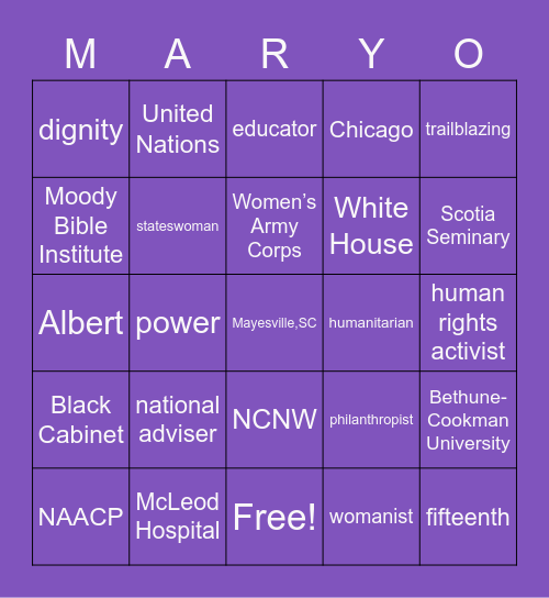 Dr. Mary McLeod Bethune's Birthday Bingo Card