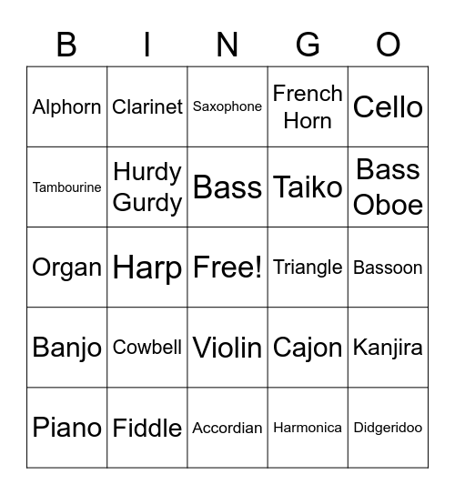 Instruments Bingo Card