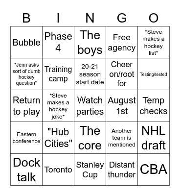 VSG Virtual All-Staff Meeting Bingo 4: The 2020 NHL COVID Cup Bingo Card