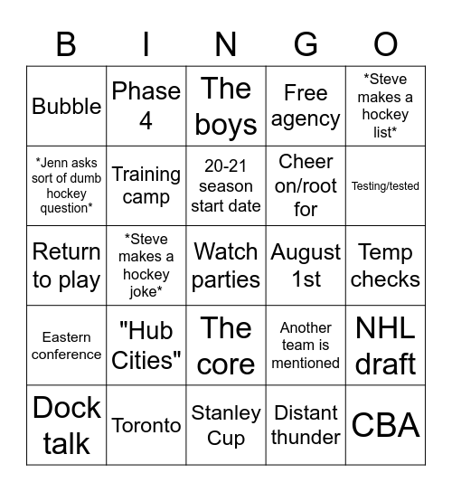VSG Virtual All-Staff Meeting Bingo 4: The 2020 NHL COVID Cup Bingo Card