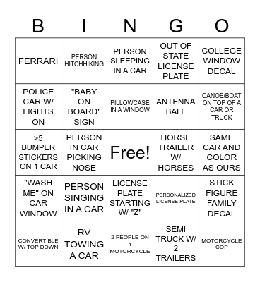 ROAD TRIP BINGO Card