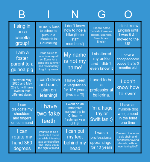 staff fun fact bingo! Bingo Card