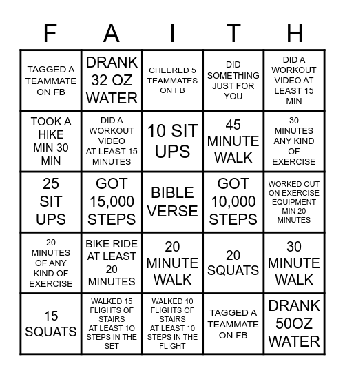 FAITH & FITNESS AUGUST 2020 Bingo Card