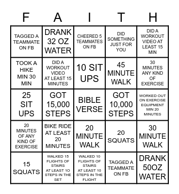 FAITH & FITNESS AUGUST 2020 Bingo Card