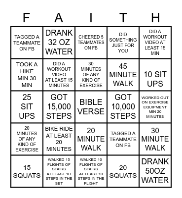 FAITH & FITNESS AUGUST 2020 Bingo Card
