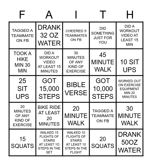 FAITH & FITNESS AUGUST 2020 Bingo Card