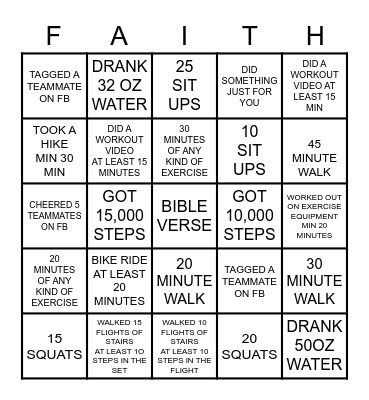 FAITH & FITNESS AUGUST 2020 Bingo Card