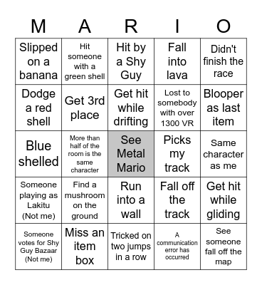 Mario Kart 7 Bingo Card