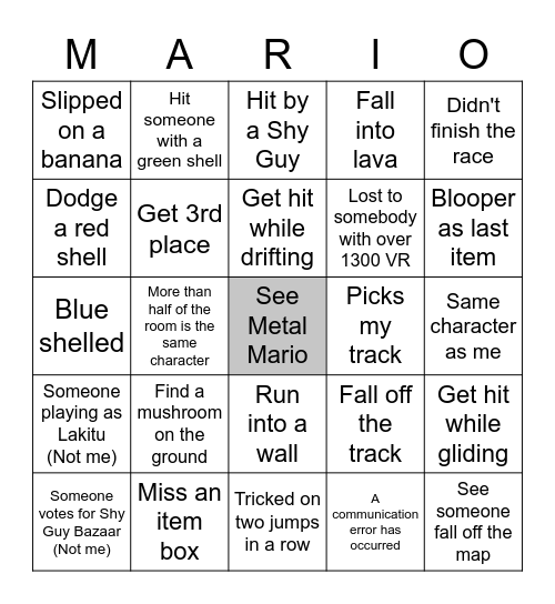 Mario Kart 7 Bingo Card