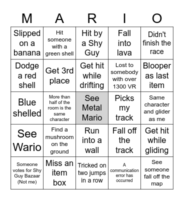 Mario Kart 7 Bingo Card