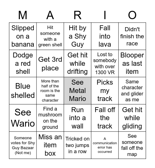 Mario Kart 7 Bingo Card