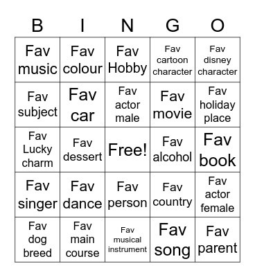 Favourites of Friends Bingo Card