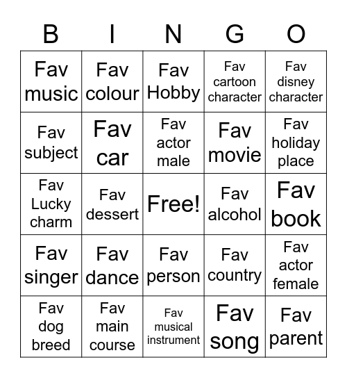 Favourites of Friends Bingo Card