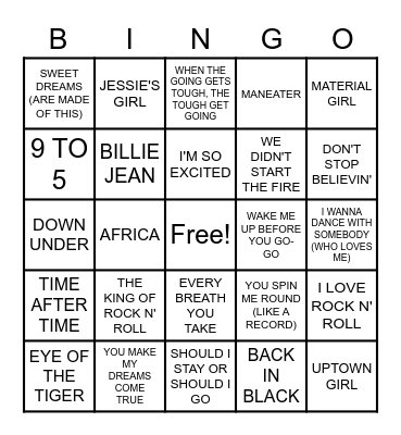 1980s SONGS Bingo Card