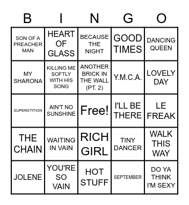 1970s SONGS Bingo Card