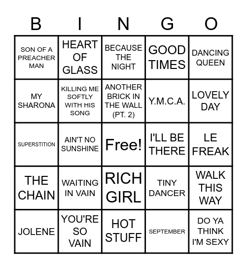 1970s SONGS Bingo Card