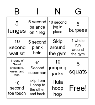 Fitness Bingo Card