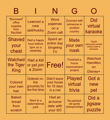 RecWell Shut Down Bingo Card