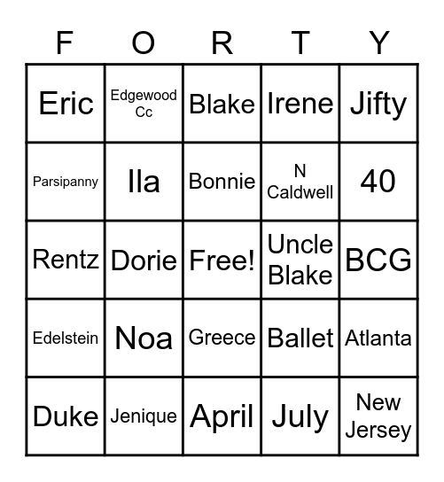 Forty Bingo Card