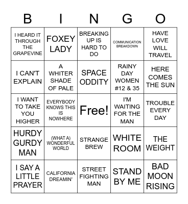 1960s SONGS Bingo Card