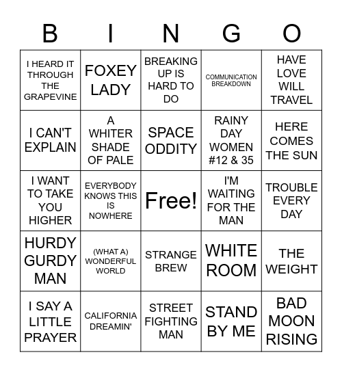 1960s SONGS Bingo Card