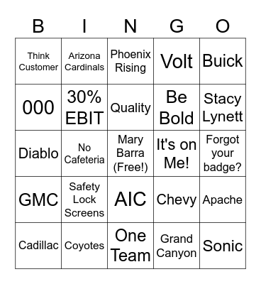 General Motors Bingo Card