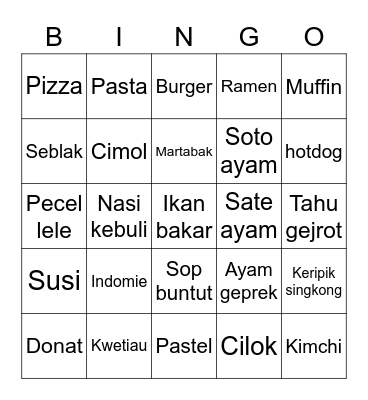 Food Bingo Card