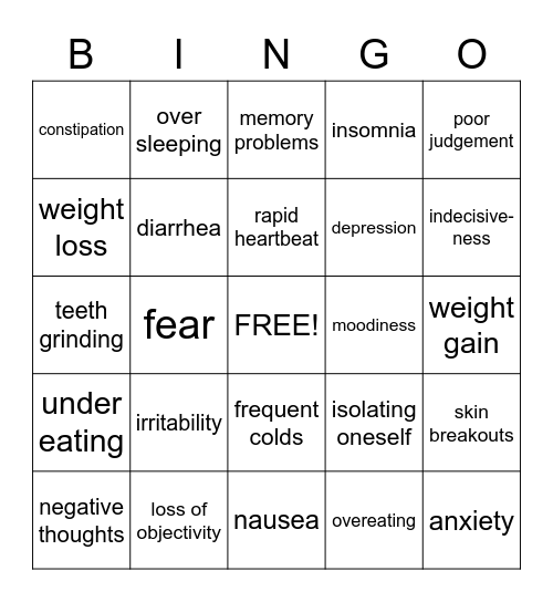 Health Related Bingo - Signs of Stress Bingo Card