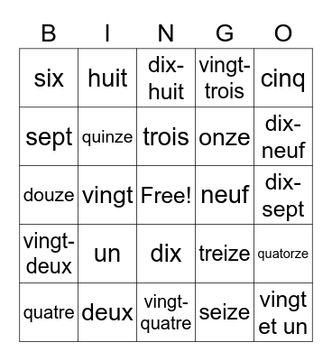 French Numbers Bingo Card