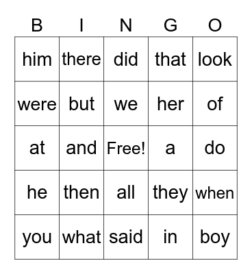 Sight Words Bingo Card