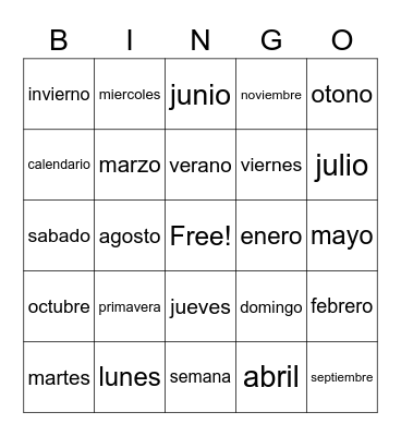 Spanish Calendario Bingo Card