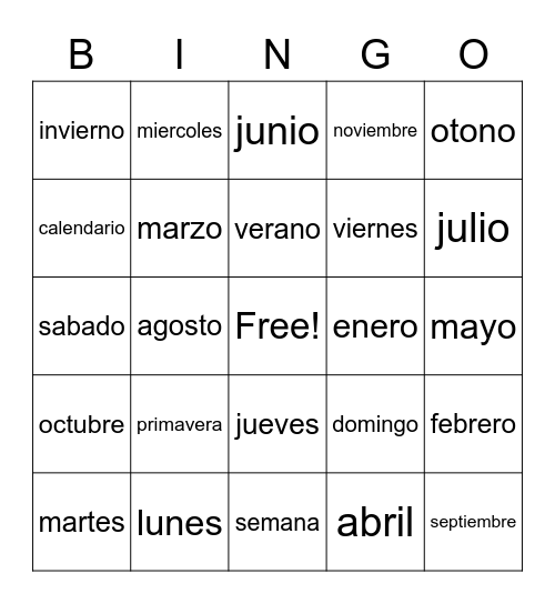 Spanish Calendario Bingo Card