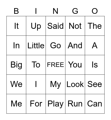 Sight Words Bingo Card