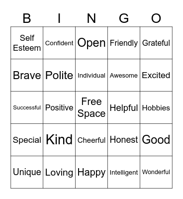 Self Esteem Bingo Card