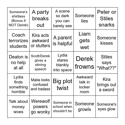 Teen Wolf Bingo Card