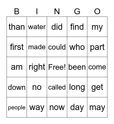 Sight Words Bingo Card
