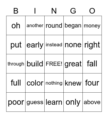 High Frequency Words Unit 5 Bingo Card