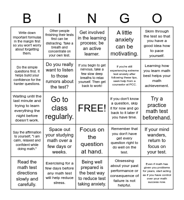 Overcoming Math Anxiety Bingo Card