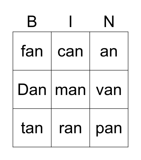 Bingo, "an" Word Family Bingo Card