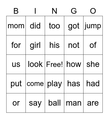 Sight Words Bingo Card