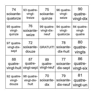 French Numbers Bingo Card