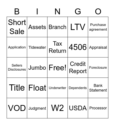Mortgage Bingo Card