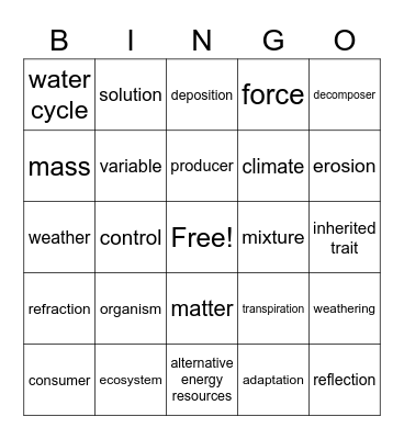 5th grade STAAR Science Bingo Card