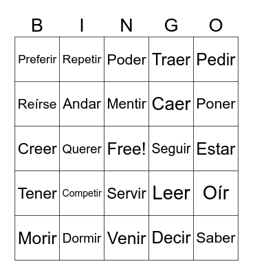 Spanish Words Bingo Card