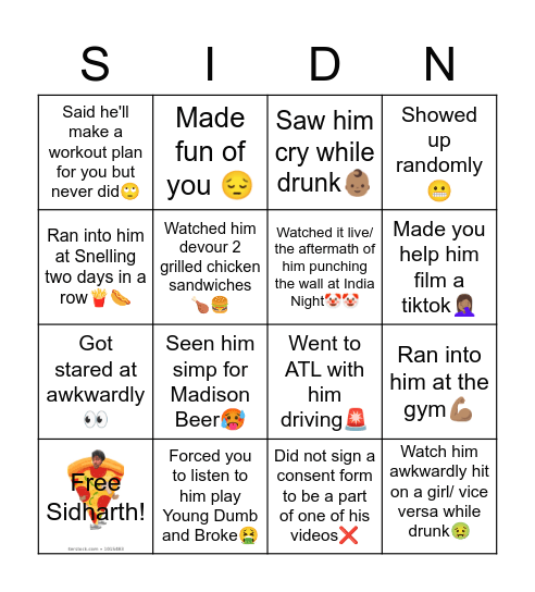 Sidharth Subhash Nair 1101 Bingo Card