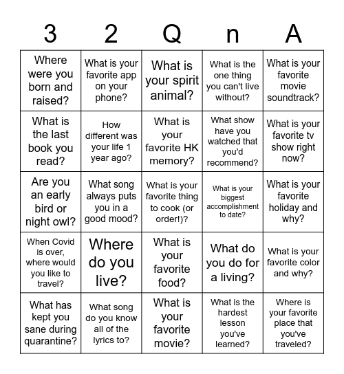 32HK Queens Q&A Bingo Card