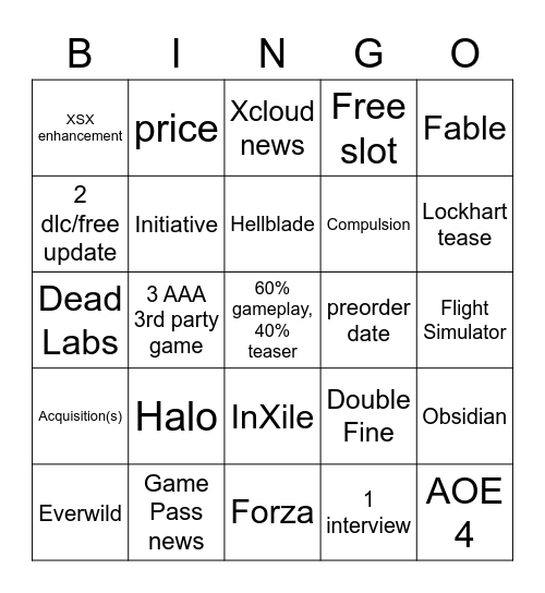 Xbox 2020 July Event Bingo Card