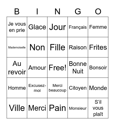 Easy French Words Bingo Card