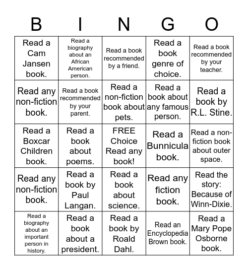 Directions (BOOK BINGO):Color in the square when you complete a task.On the back of this page, write down the titles and authors of the books you read.  Before you can receive credit, do the following: take test, parent signature, and teacher initials. Bingo Card