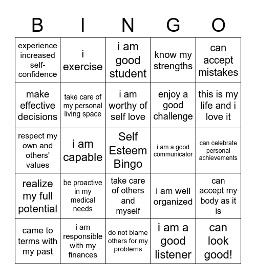 Self-Esteem Bingo Card